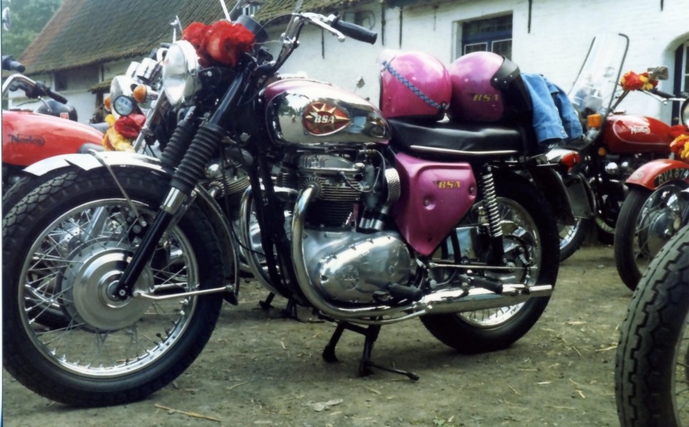 BSA A65 in purple
This purple BSA was seen at the Begonia Rally in Belgium in 1981. You don´t  see this colour often on a BSA. 
