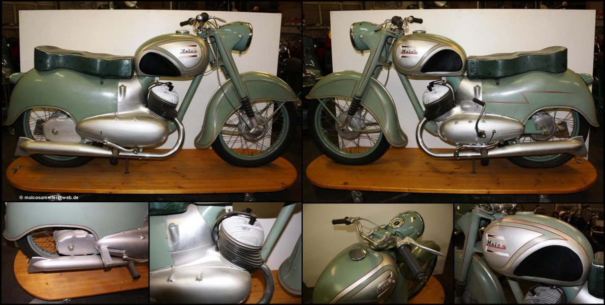 1952 Maico Taifun 350 Designstudie
1:1 Designstudie der Maico Taifun zwei Jahre vor Serienanlauf. Der Motor ist aus Holz, Tank und Sitz aus Holz mit Gipsauflage. Alle Teile außer dem Motor sind heute noch im Originallack. Vorderrad, Scheinwerfer, Fahrerfußrasten und Auspuff wurden nach Werkszeichnungen ergänzt. 
