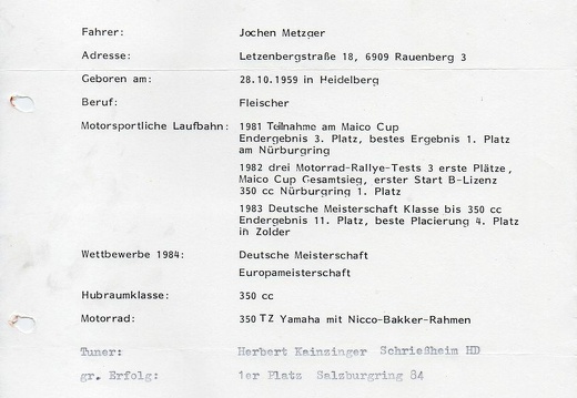 Metzger Jochen D Heidelberg Yamaha TZ350